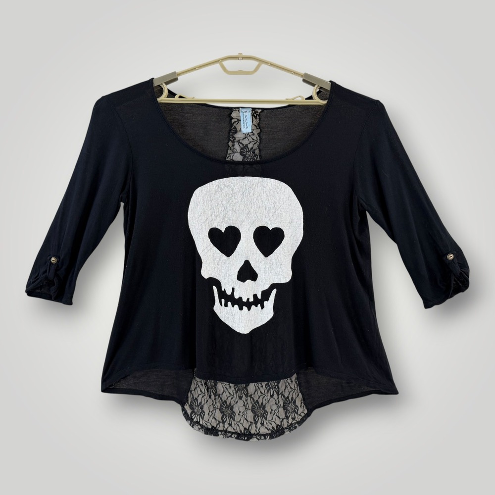 M Fasis California Blue Skull Heart Eyes Lace Back Top XL Black Y2K Made in USA